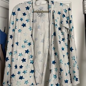 Star Print Zip-Up Hoodie in White and Blue